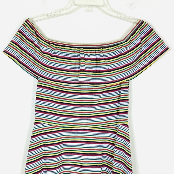 PRIVACY PLEASE Striped Off Shoulder Mini Skater Dress Ribbed Stretch, Size M - Picture 2 of 7